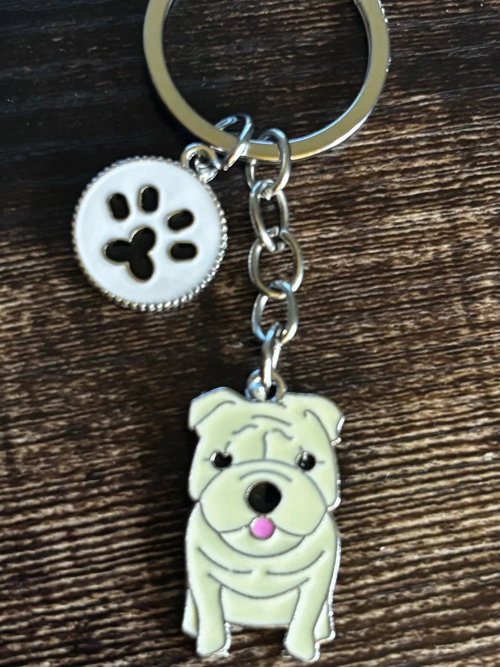 Cute Cream Bulldog Keychain with Paw Charm